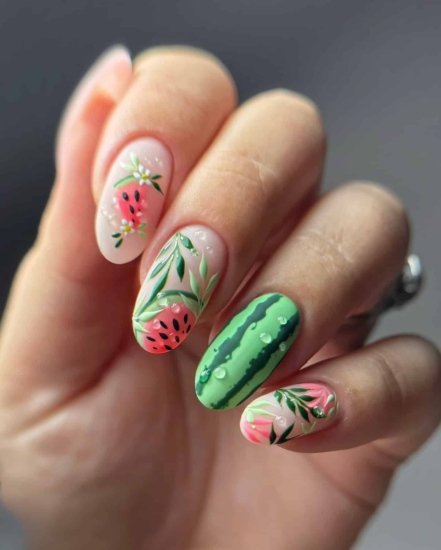 20. Floral Watermelon Garden - watermelon nail ideas