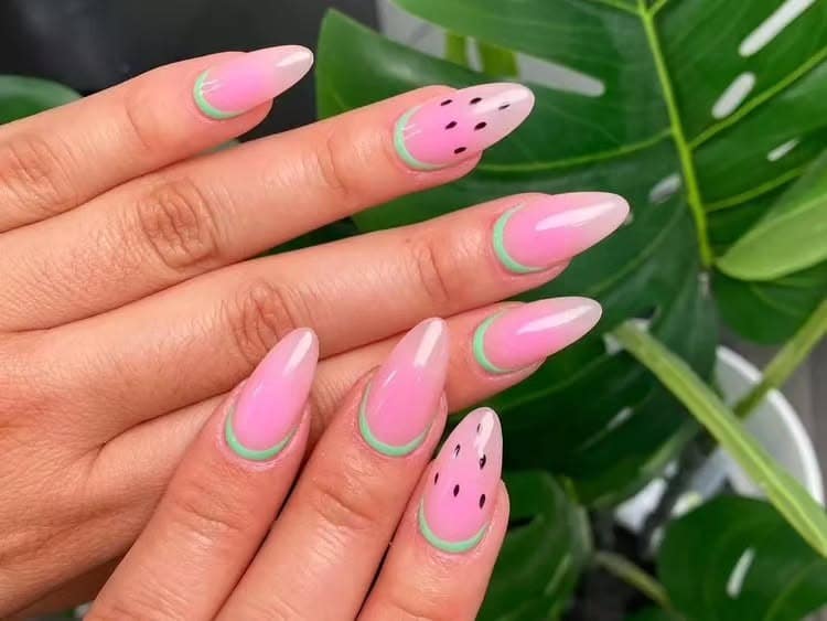 21. Soft Pink Watermelon Tips - watermelon nail ideas