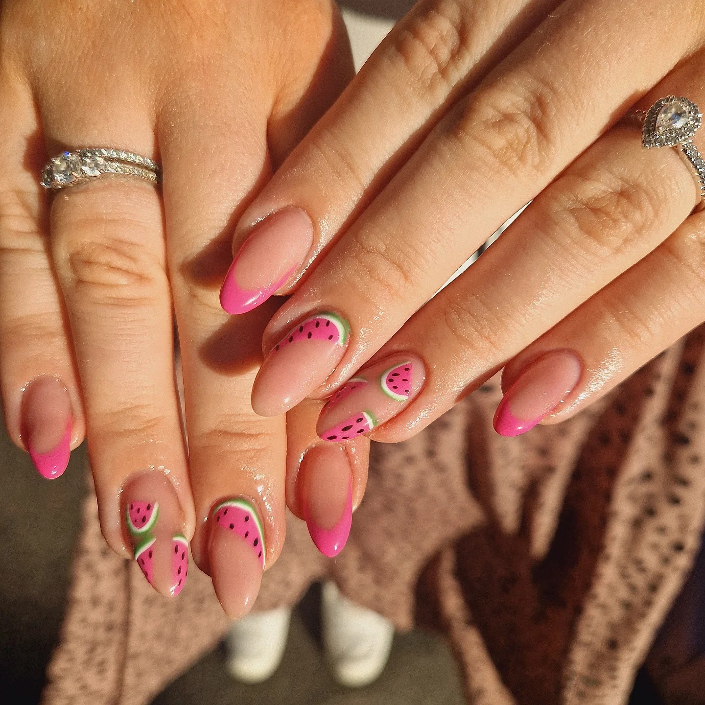 22. Watermelon French with Sliced Accents - watermelon nail ideas