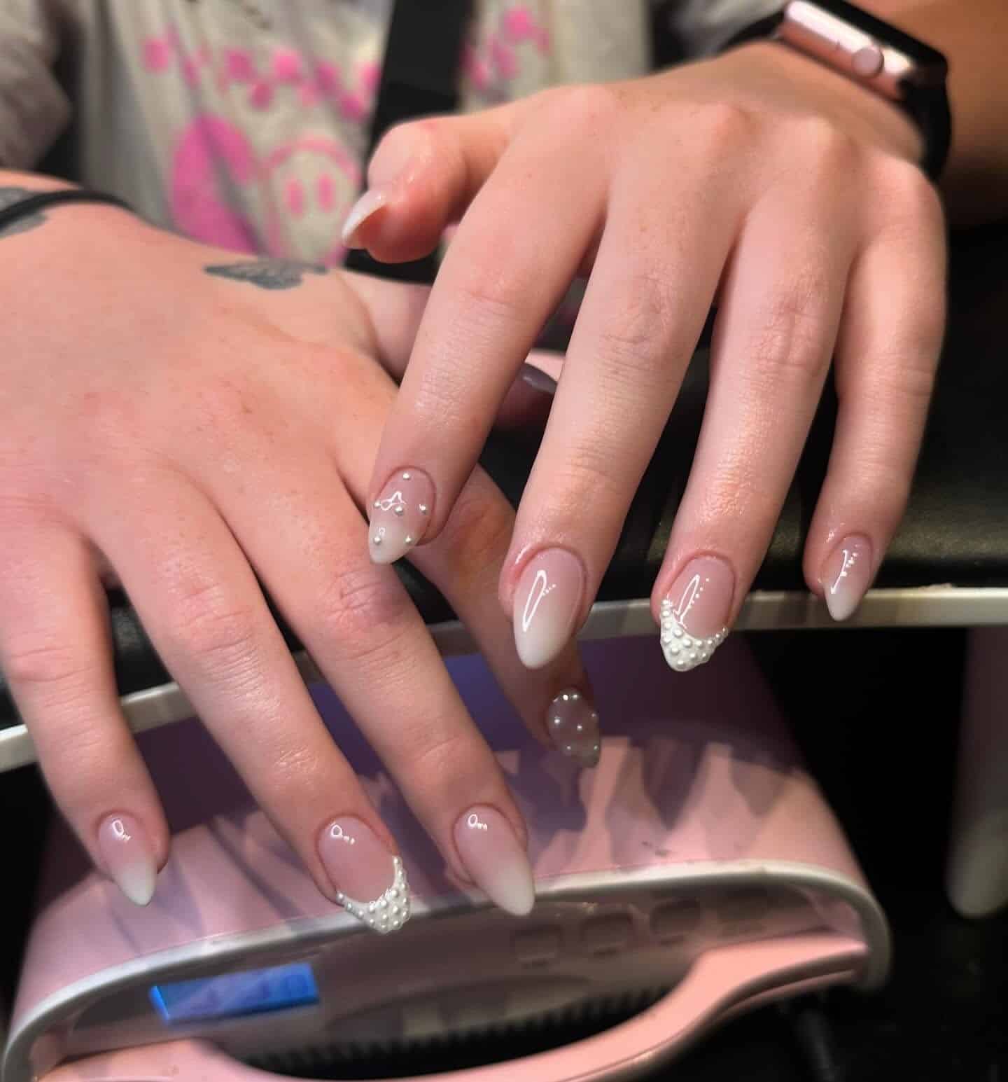 8. Pearl-Accented Ombre Almonds - white ombre nail ideas