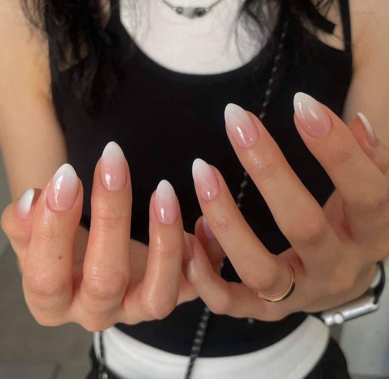 13. Soft Gradient Almond Tips - white ombre nail ideas