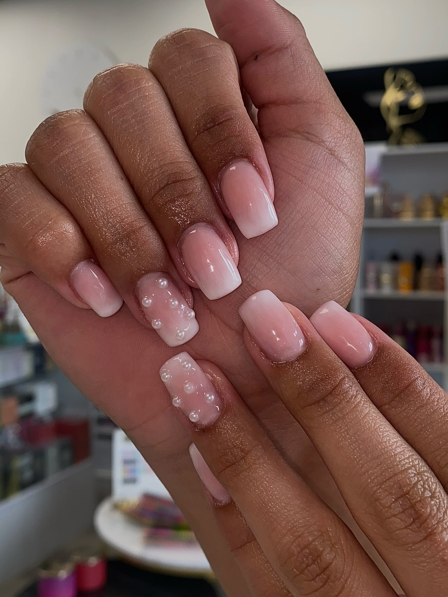 14. Square Ombre with Pearl Accent - white ombre nail ideas