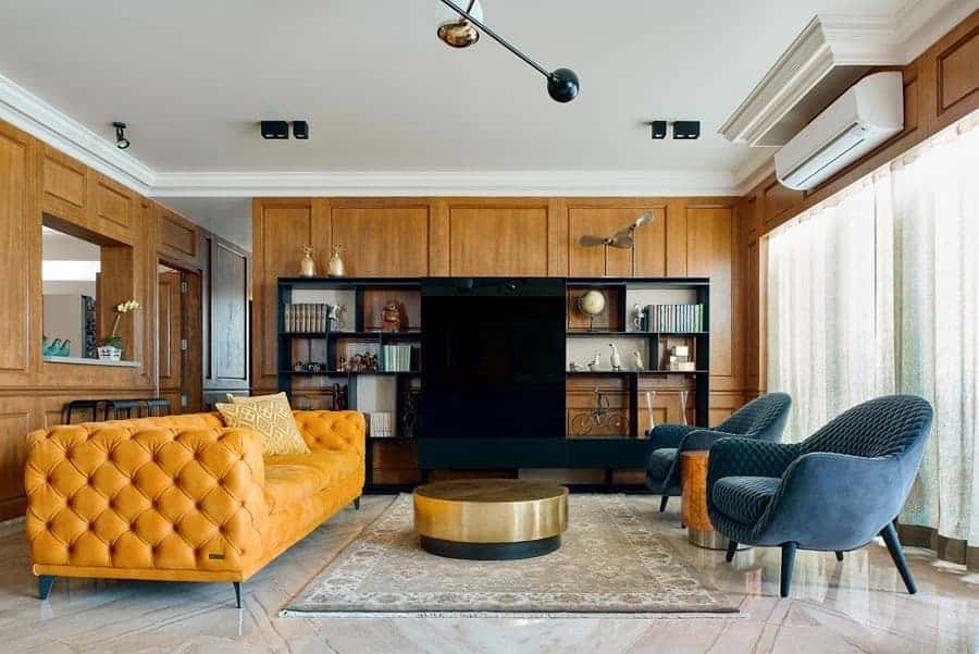 2. Mid-Century Warmth with Bold Contrast - living room tv ideas