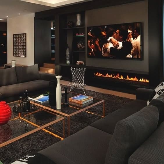 4. Dark Luxe with Firelight Glow - living room tv ideas