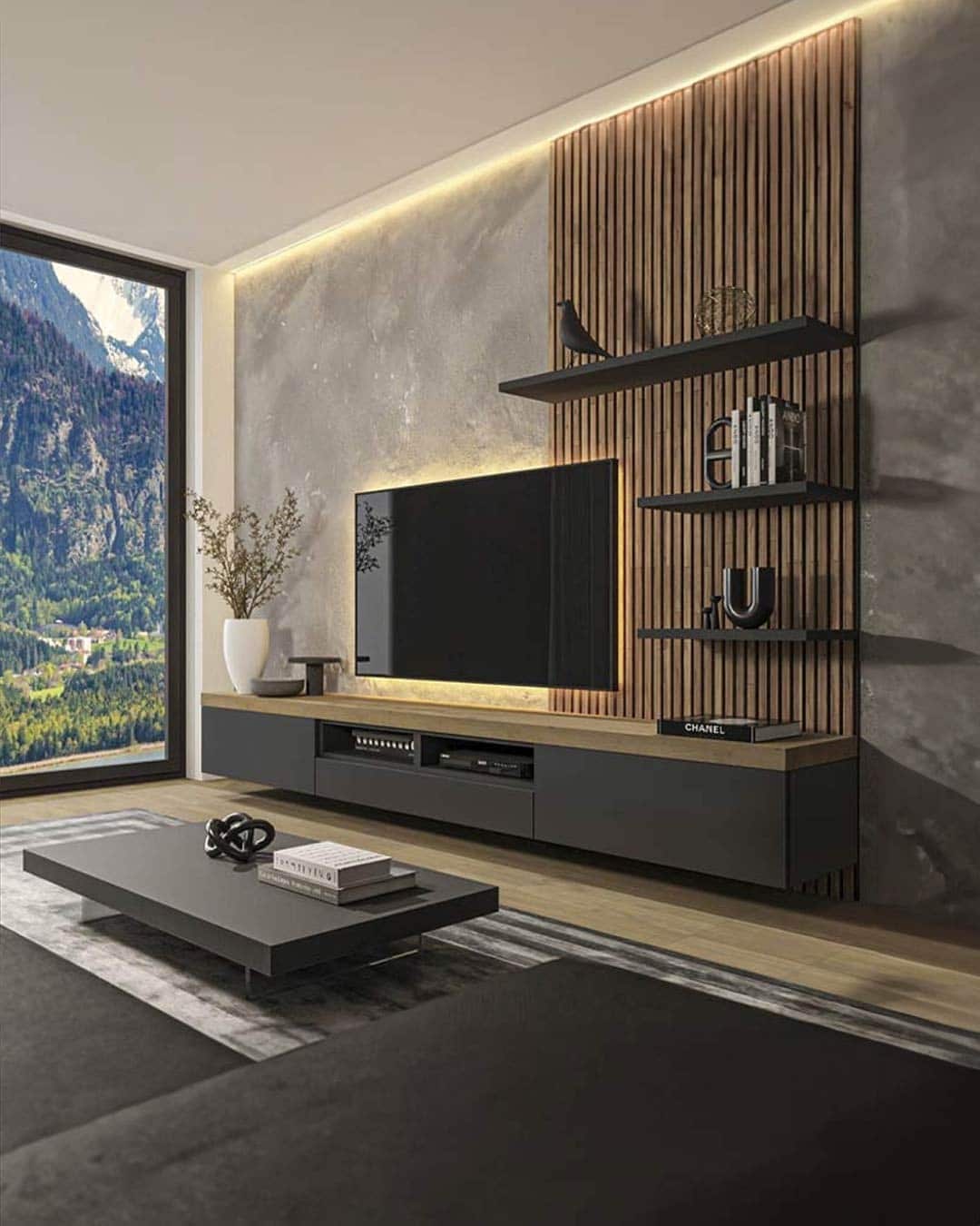 7. Industrial Elegance with Vertical Slats - living room tv ideas
