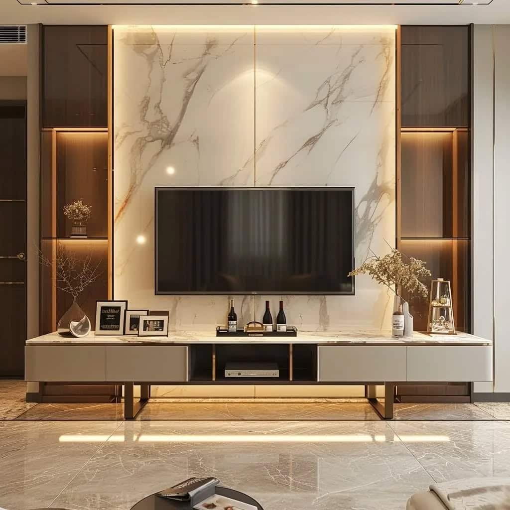 9. Marble Sophistication with Ambient Glow - living room tv ideas