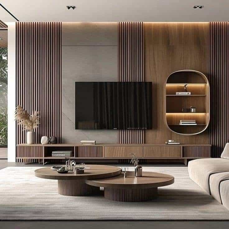 11. Walnut Symmetry with Sculpted Details - living room tv ideas