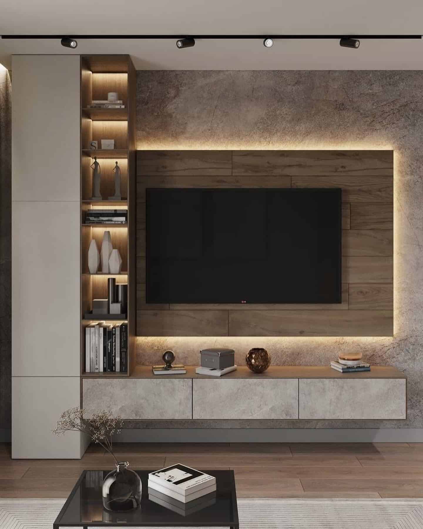 13. Stone Texture with Subtle Glow - living room tv ideas