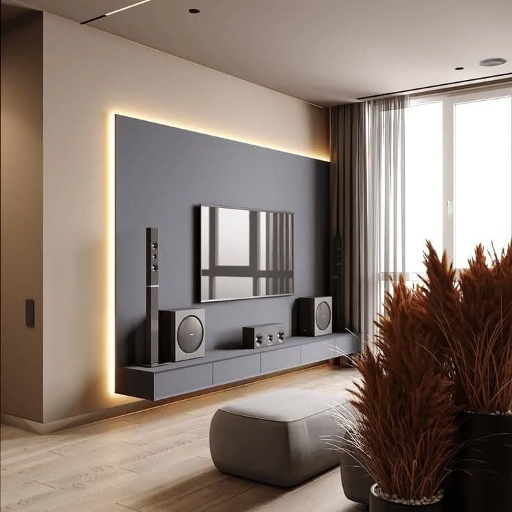 14. Monochrome Simplicity with Ambient Lighting - living room tv ideas