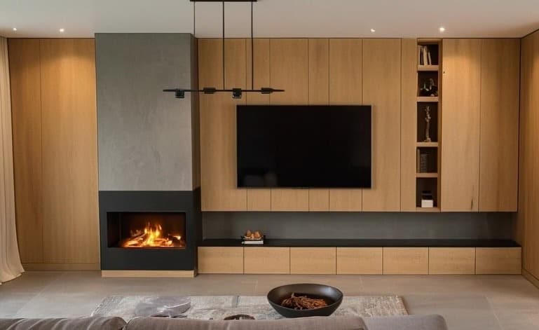 15. Minimalist Elegance with Fire Feature - living room tv ideas