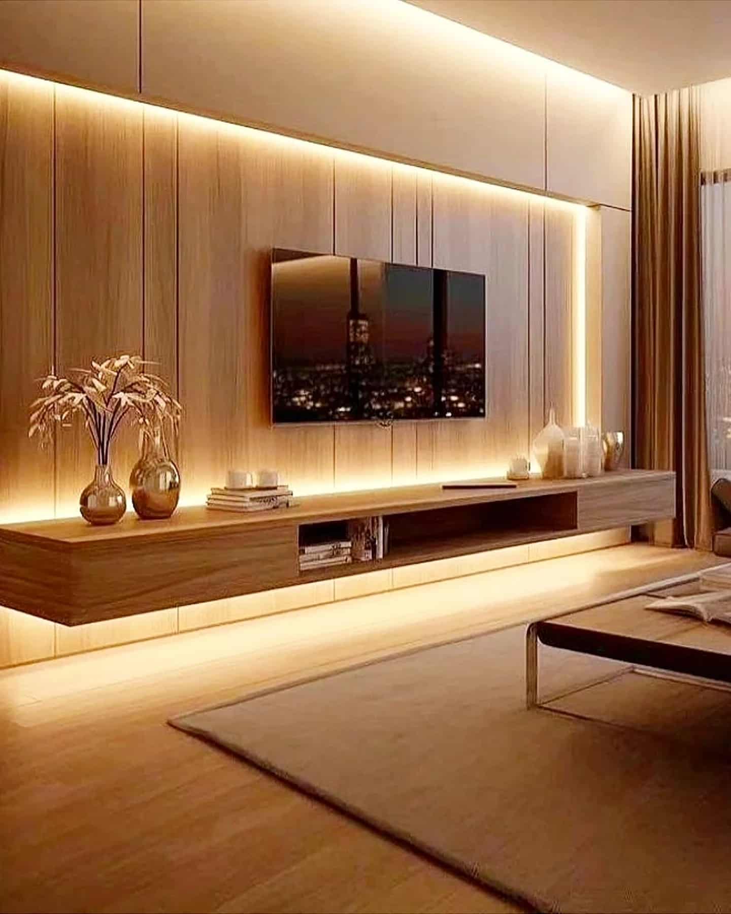 22. Golden Glow with Modern Minimalism - living room tv ideas