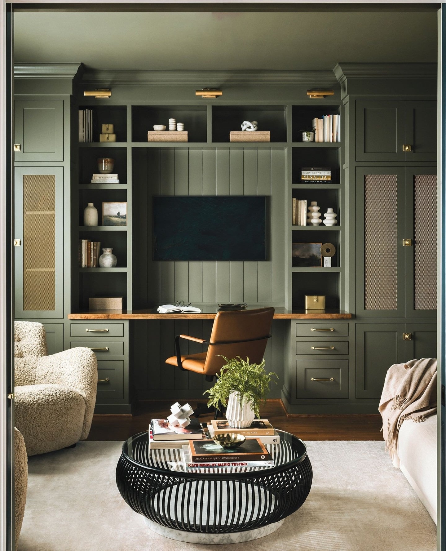 9. Timeless Green Study with Brass Accents - lounge office room ideas