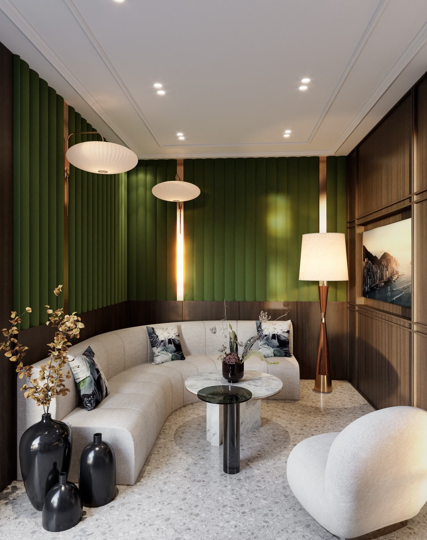 20. Rich Green Accents with Soft Neutrals - lounge office room ideas