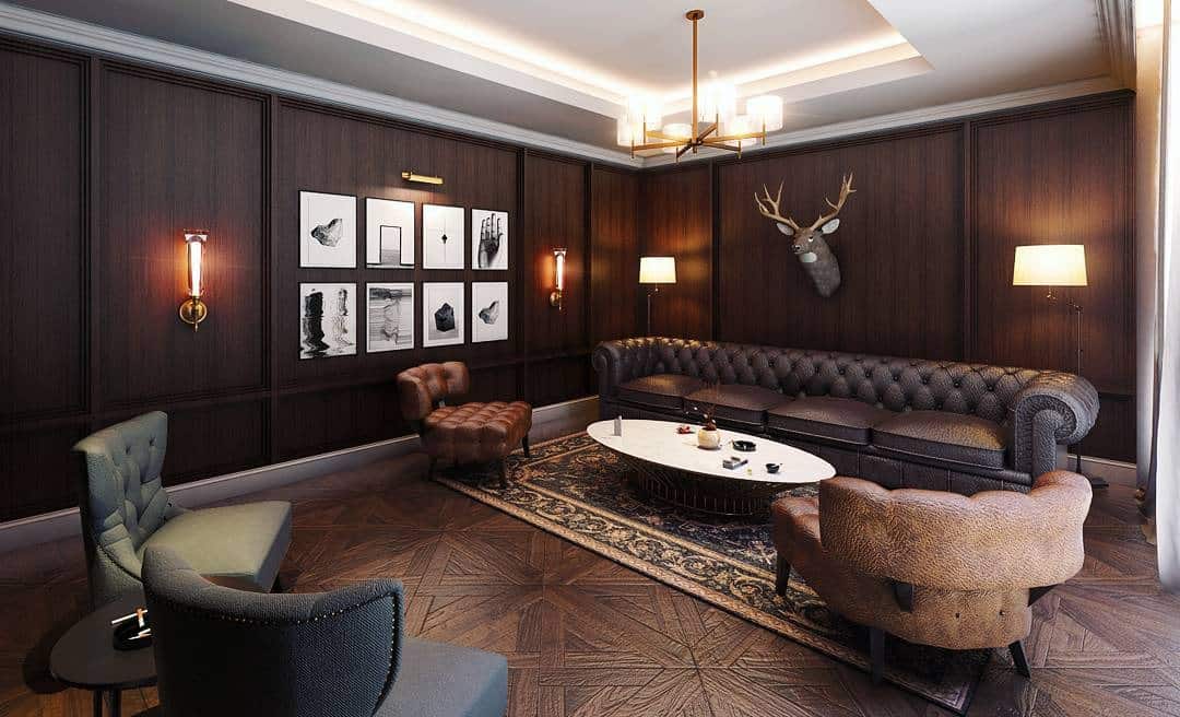 22. Classic Club Style with Dark Wood - lounge office room ideas