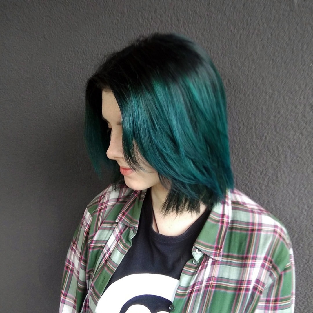 6. Dark Rooted Teal Bob - Teal Hair Color