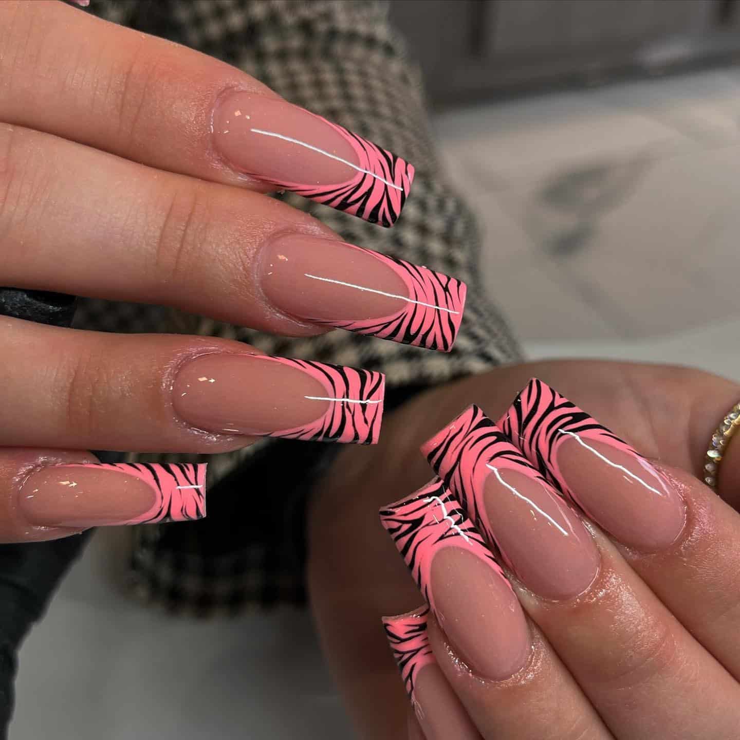 9. Neon Pink Zebra French Coffin Nails - zebra nail ideas