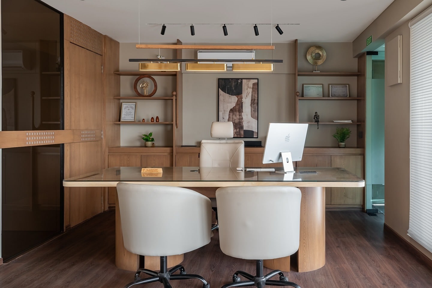 8. Contemporary Warmth with Subtle Wood - office design ideas