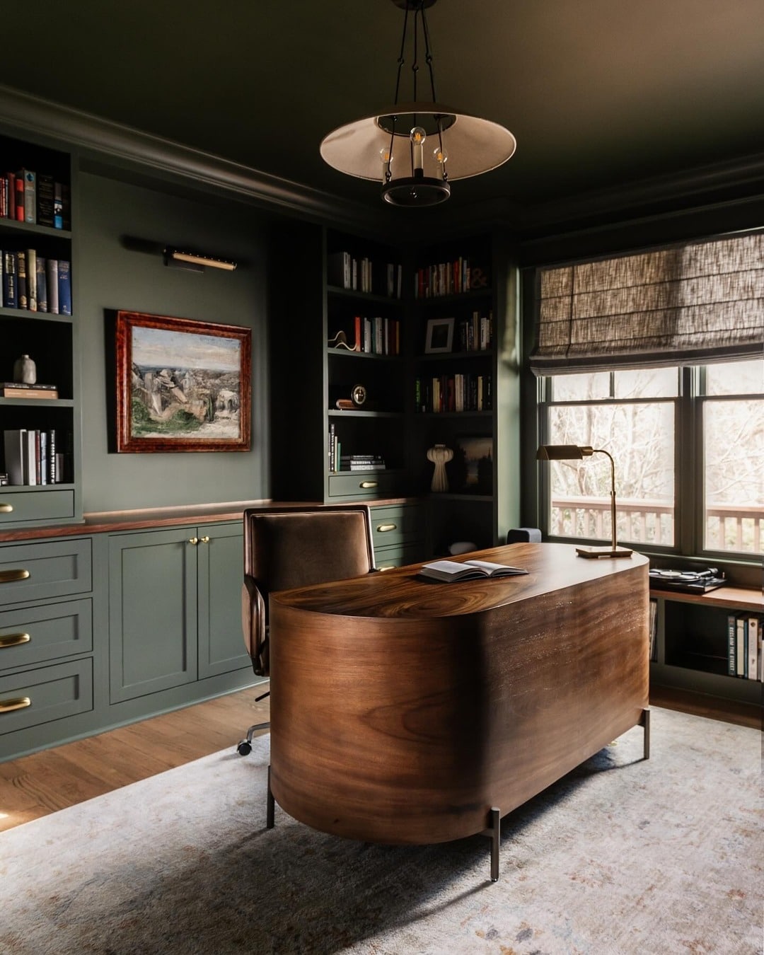 11. Deep Green Elegance with Curved Wood Desk - office design ideas