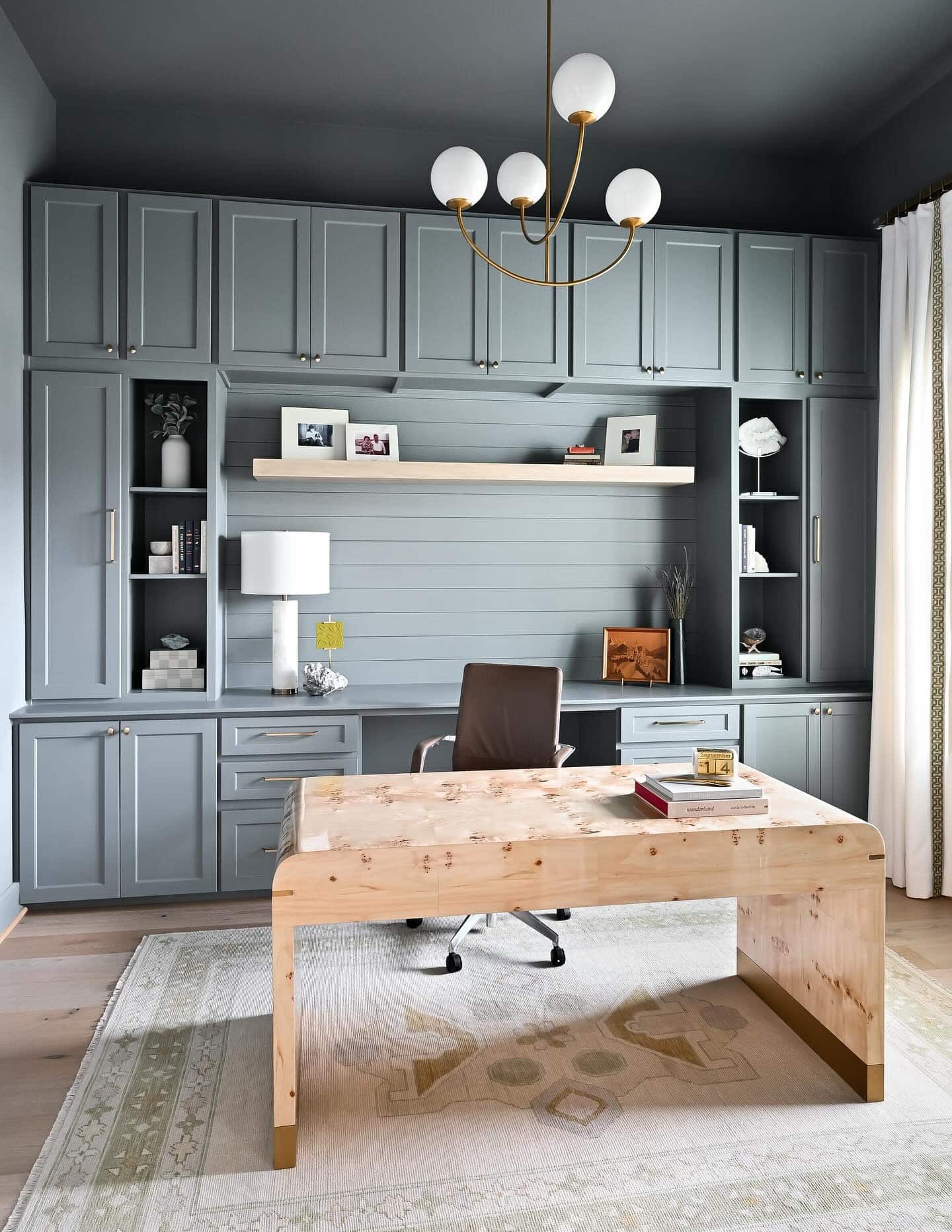 12. Soft Gray Built-ins with Light Maple Desk - office design ideas