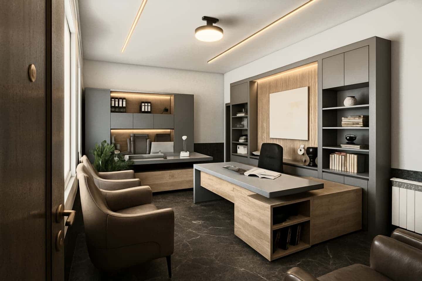 14. Sleek Neutral Office with Dual Work Zones - office design ideas