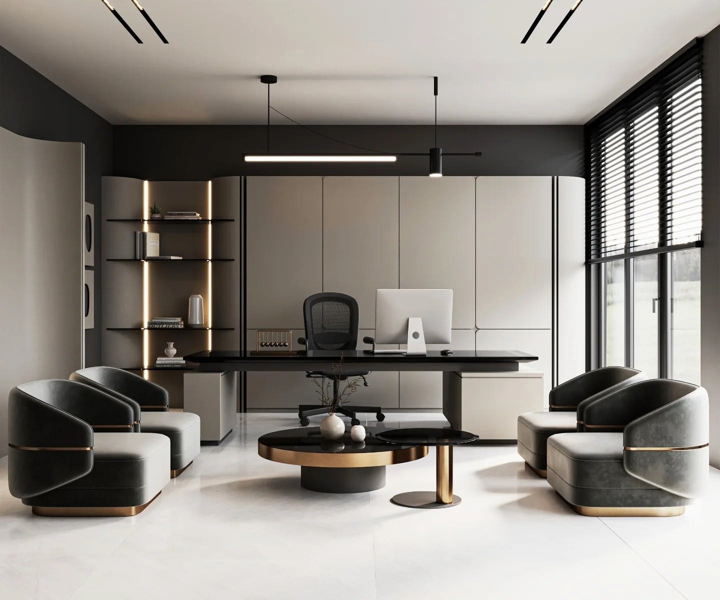 20. Monochrome Minimalism with Metallic Accents - office design ideas