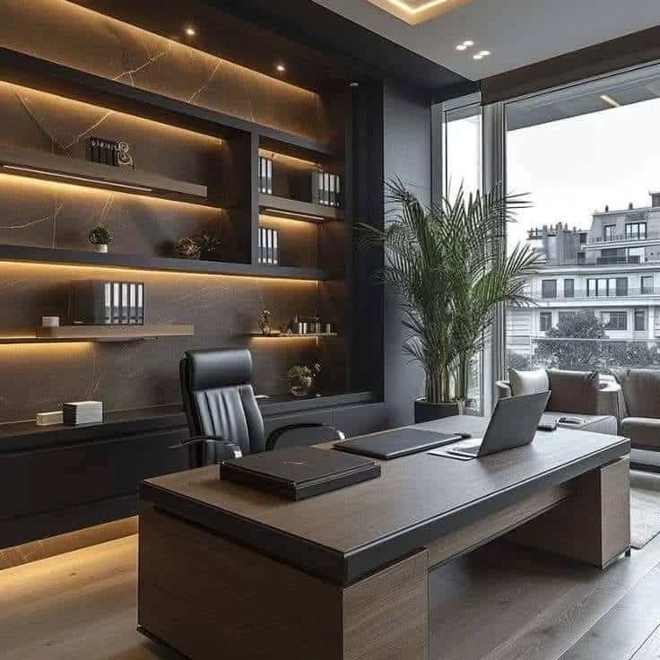 22. Sleek Executive Office with Dark Wood and Stone - office design ideas