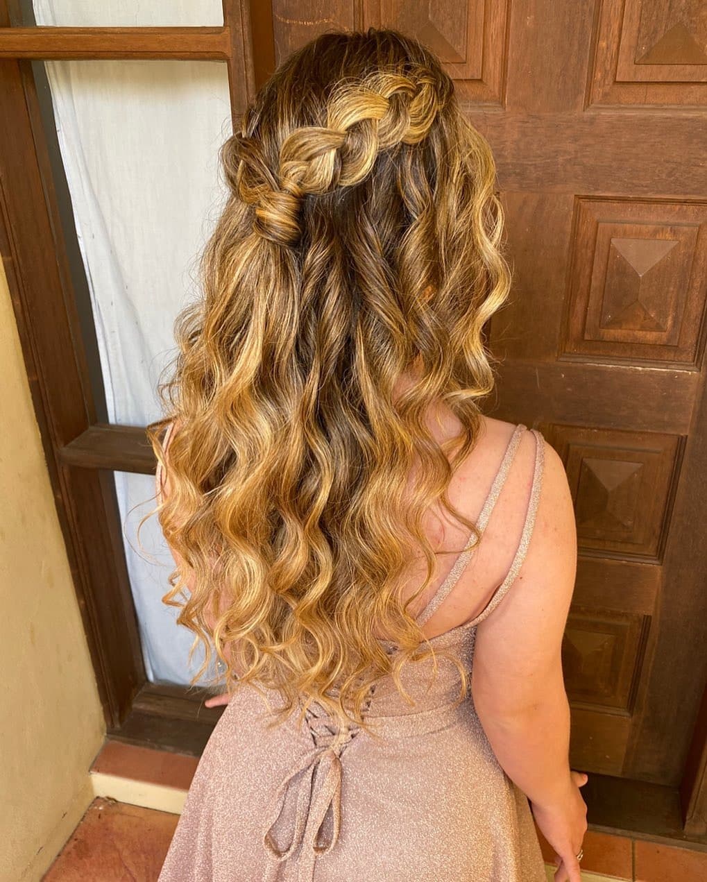 7. Waterfall Braid Half-Up on Golden Honey Waves - Formal Hairstyles