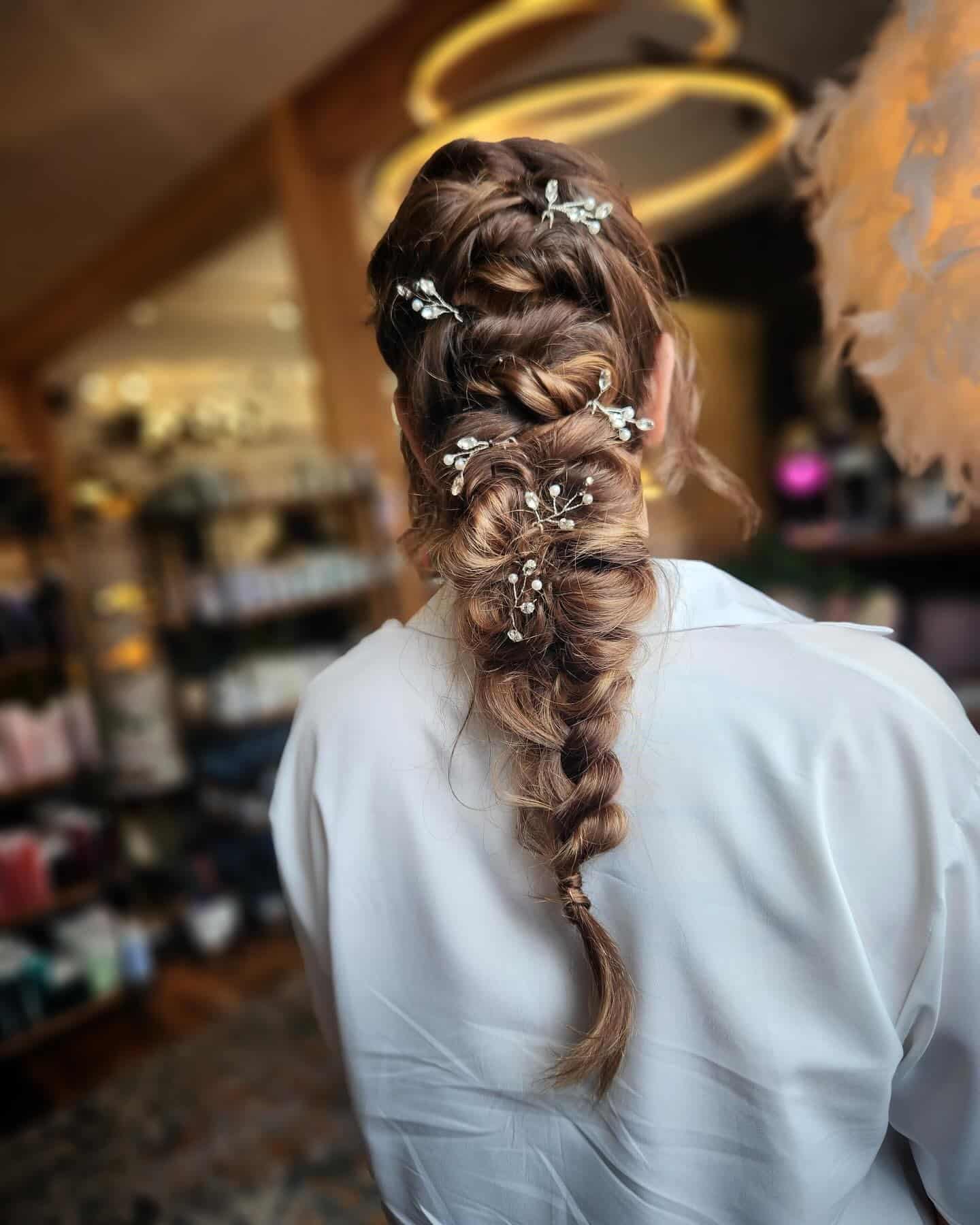 8. Accessorized Braided Cascade on Chestnut Brunette - Formal Hairstyles
