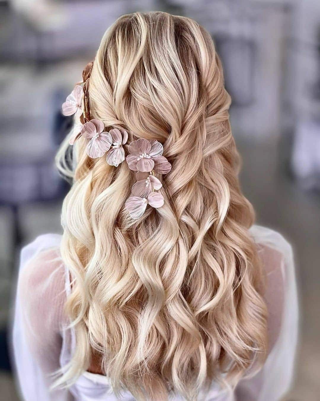 12. Soft Half-Up with Floral Accents on Platinum Blonde - Formal Hairstyles