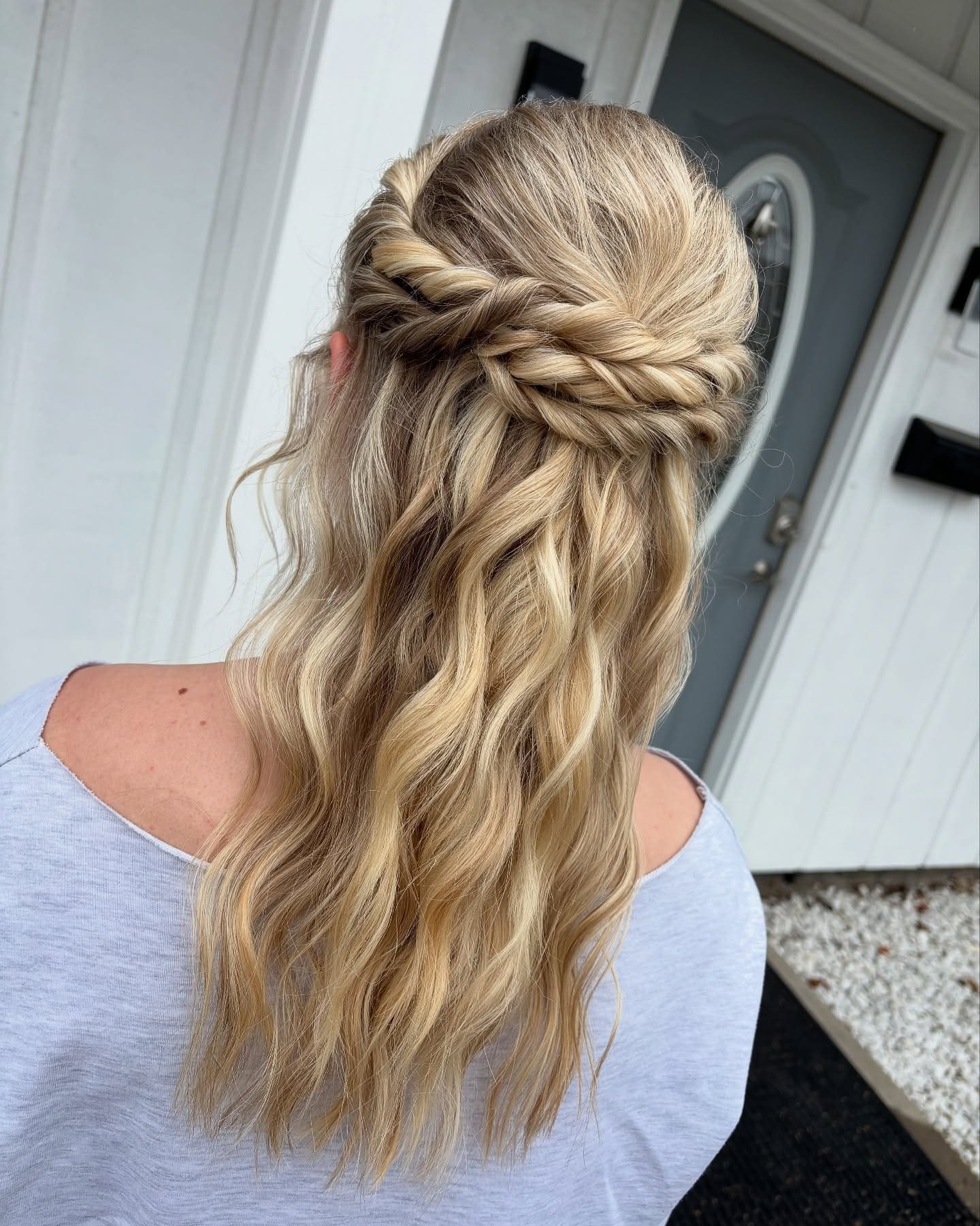 13. Twisted Fishtail Half-Up on Sandy Blonde Waves - Formal Hairstyles