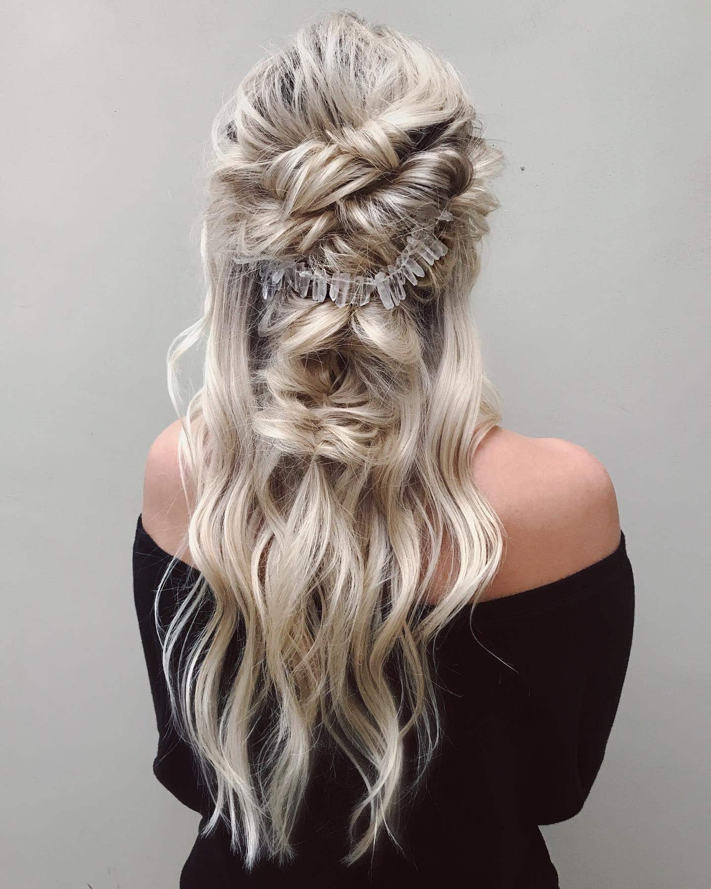 18. Textured Fishtail Half-Up with Crystal Accent on Platinum Blonde - Formal Hairstyles