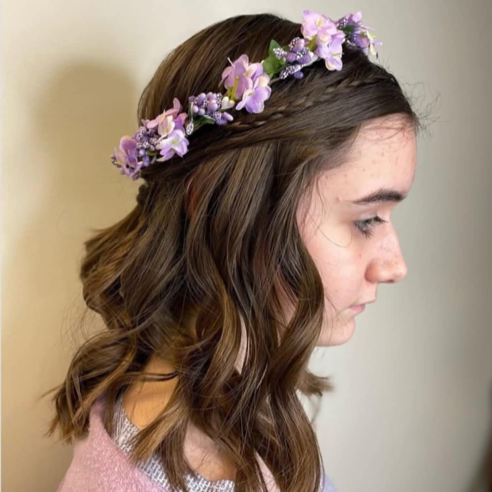 19. Floral Crown with Twisted Half-Up on Chestnut Brunette - Formal Hairstyles