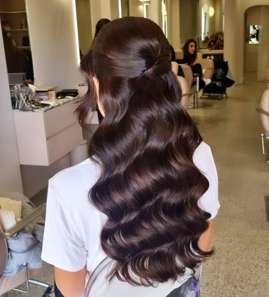 22. Hollywood Waves Half-Up on Deep Mahogany Brown - Formal Hairstyles