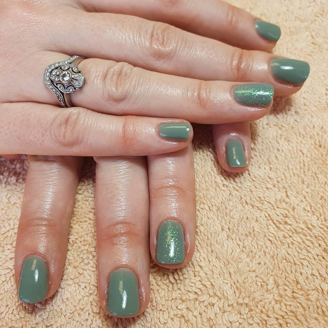 11. Sage Gloss with Spark Accent - accent nail ideas