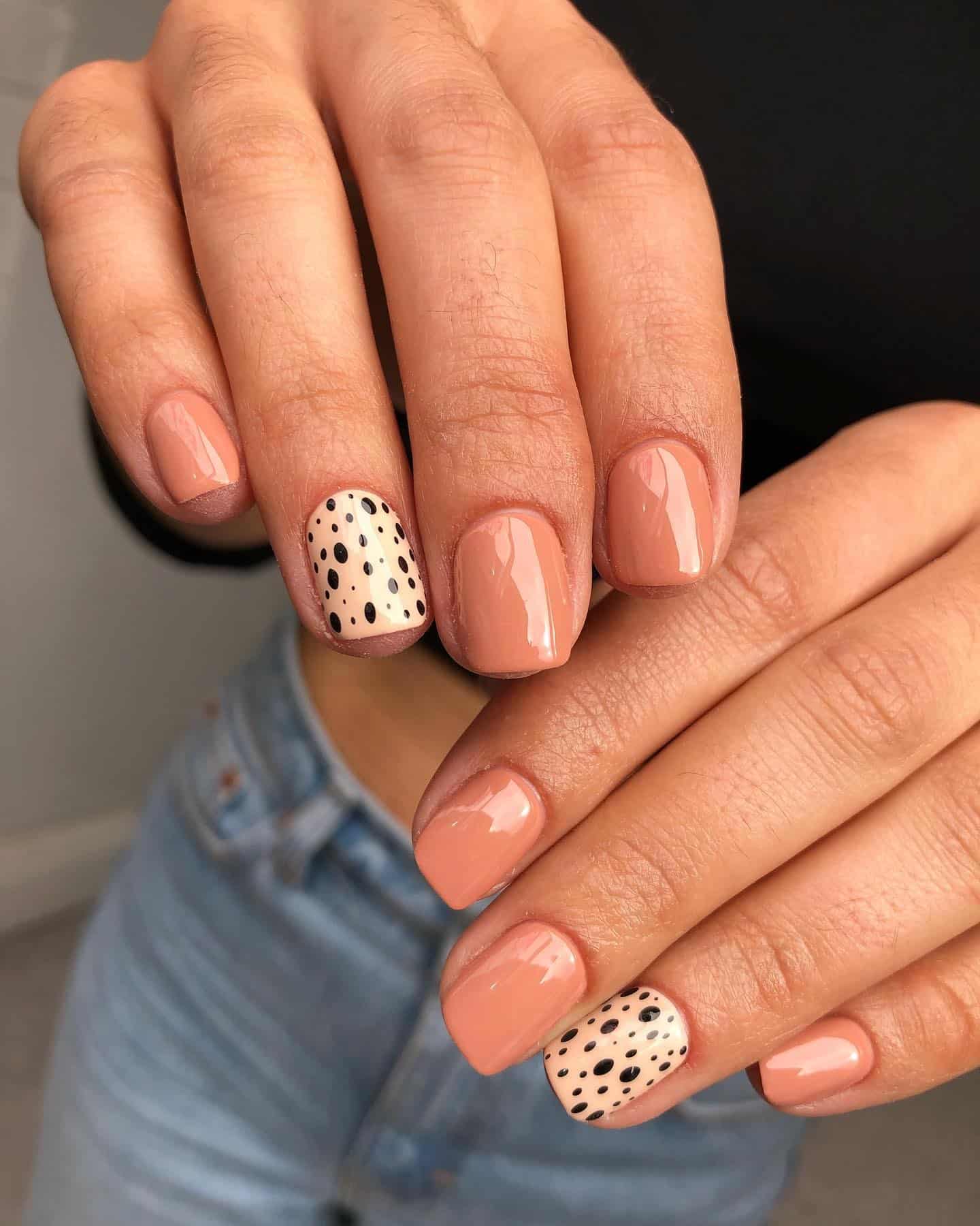 20. Nude Peach with Dalmatian Detail - accent nail ideas
