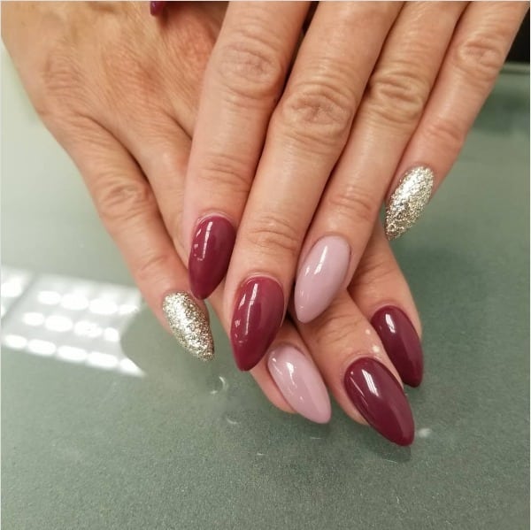 22. Burgundy and Blush with Gold Glitter - accent nail ideas