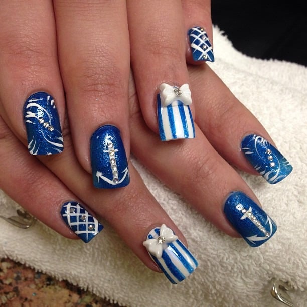 18. Nautical Blue with Stripes and Bows - anchor nail ideas