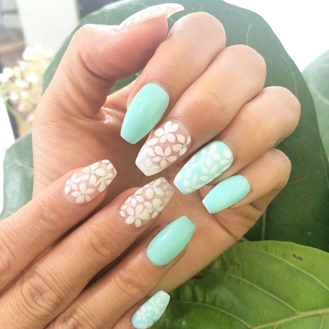 2. Aqua Blossoms - aqua color nail ideas