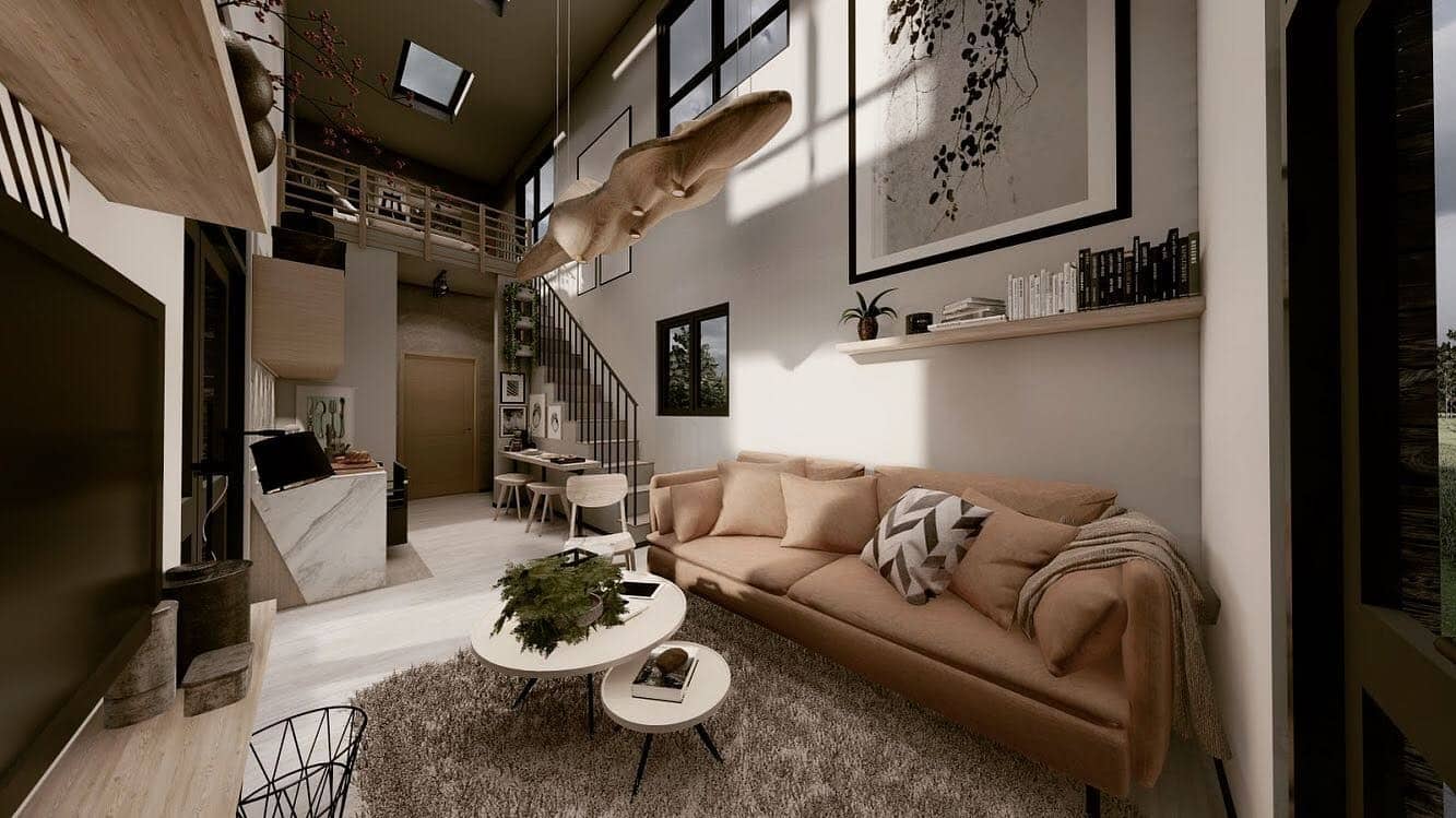 3. Modern Elegance with Dramatic Height - tiny house living room ideas