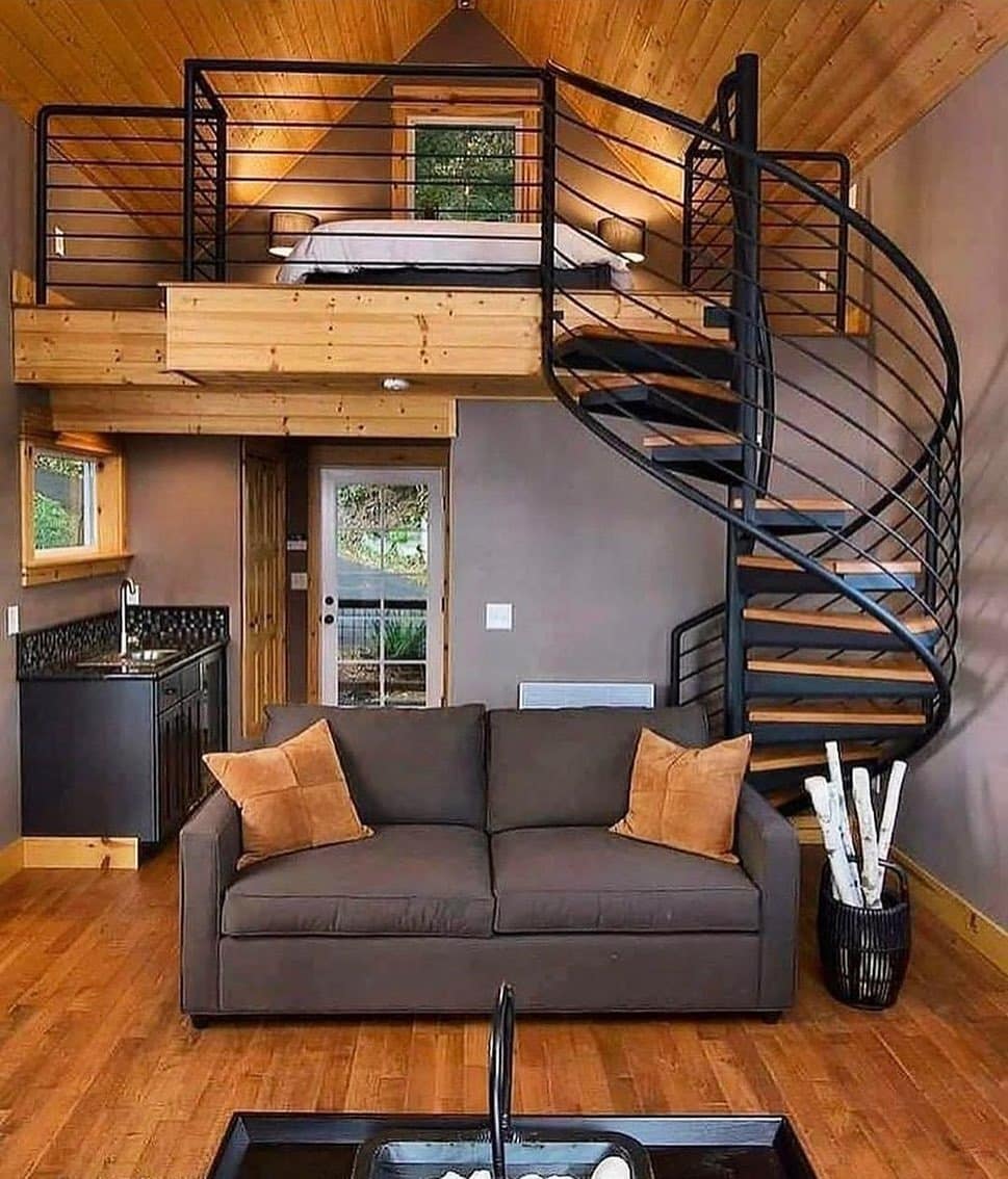 11. Rustic Loft with Spiral Statement - tiny house living room ideas