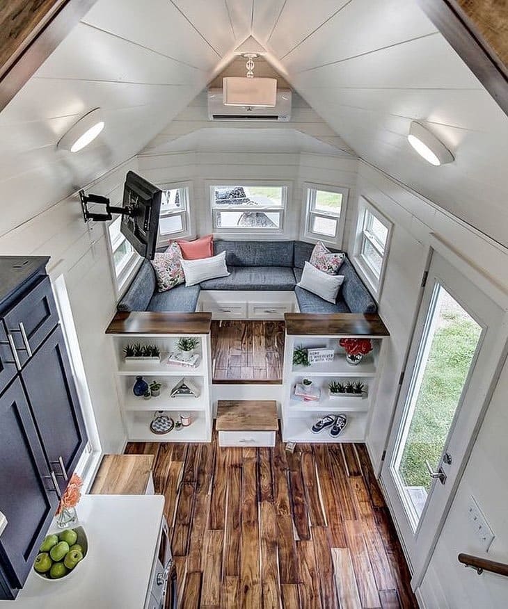 20. Bright Lofted Living with Symmetry - tiny house living room ideas