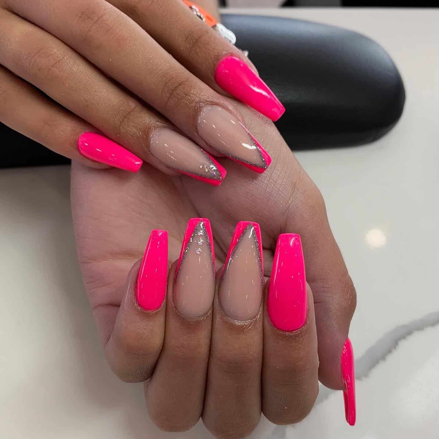 3. Neon Pink Edge Coffin Nails - beautiful coffin nail ideas