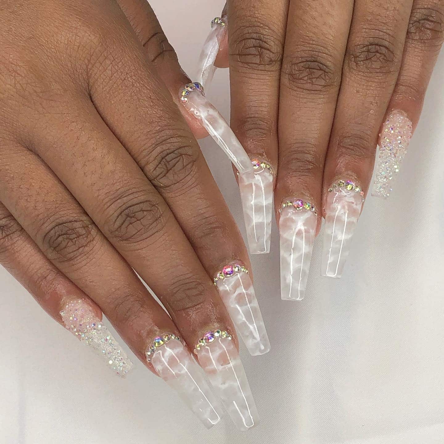5. White Crystal Shine Coffin Nails - beautiful coffin nail ideas