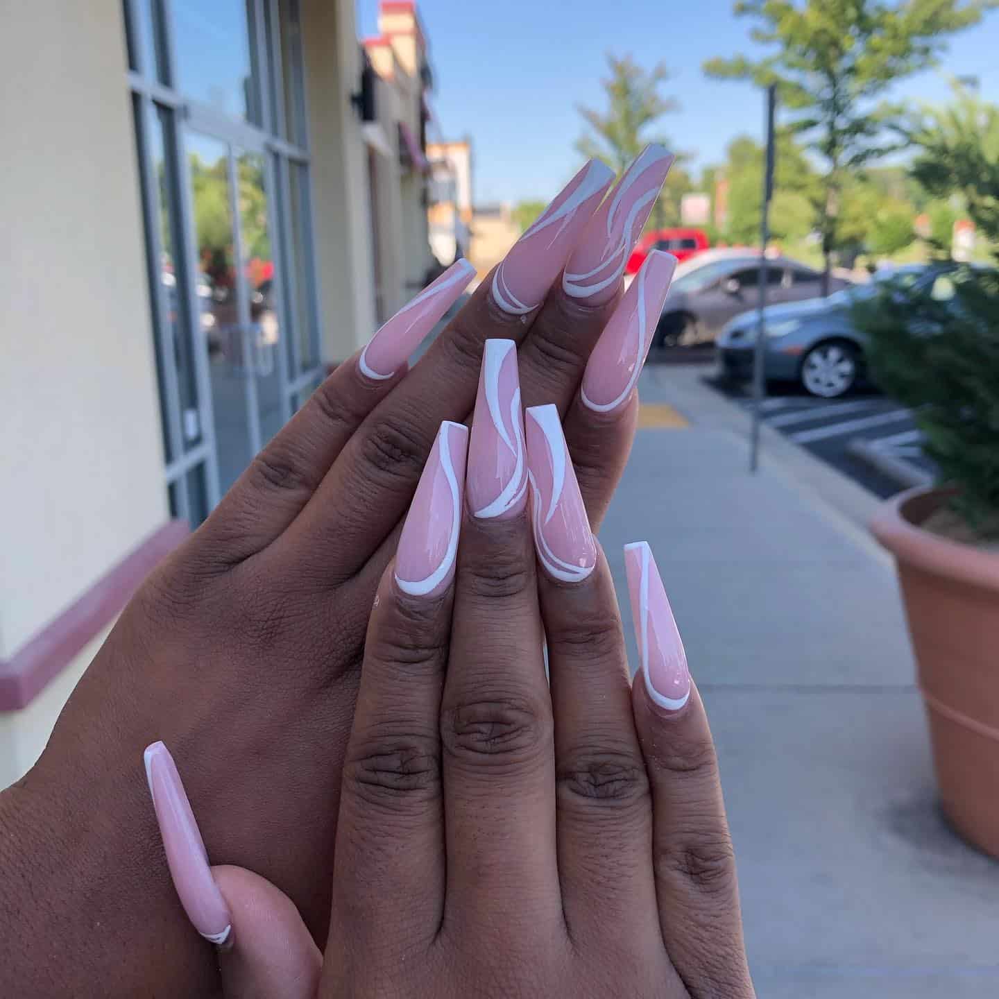 6. Classic White Swirl Coffin Nails - beautiful coffin nail ideas