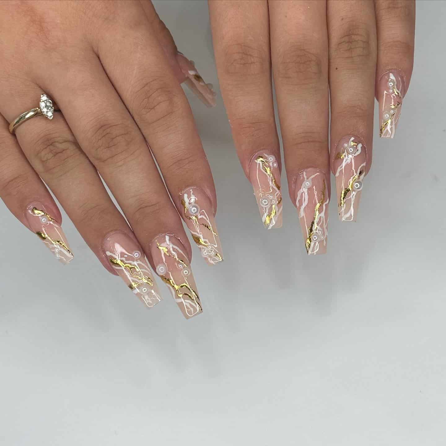 10. Gold Vein Glass Coffin Nails - beautiful coffin nail ideas