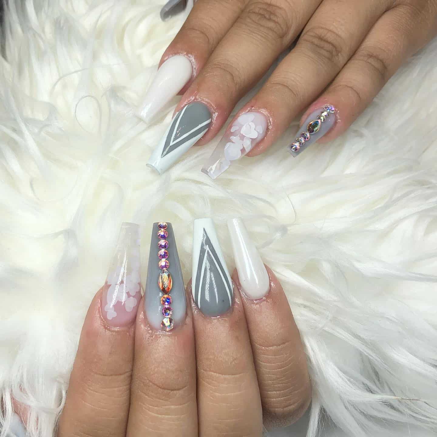 11. Grey & White Coffin Nails with Crystals - beautiful coffin nail ideas