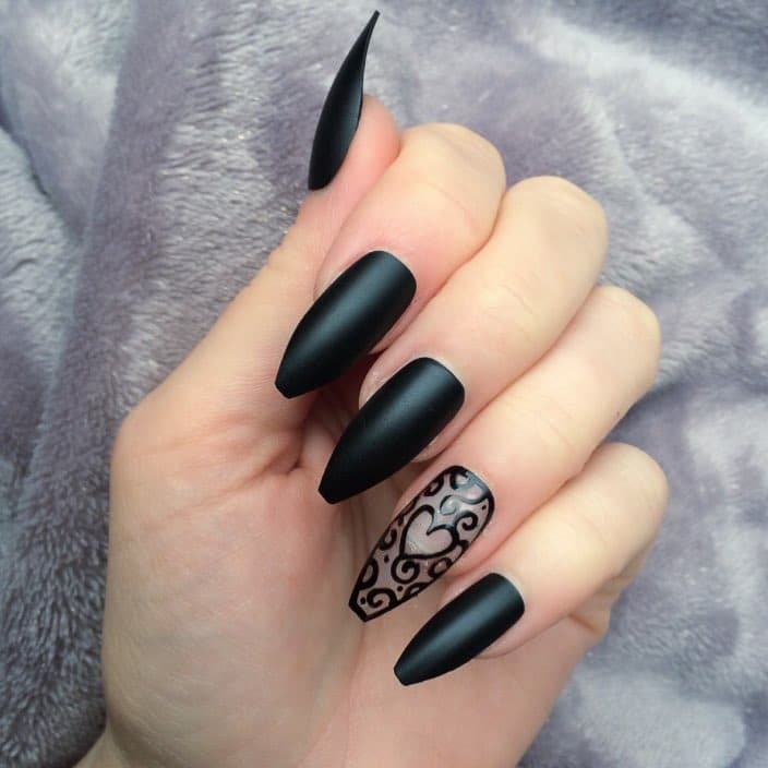 17. Matte Black Coffin Nails with Heart Accent - beautiful coffin nail ideas