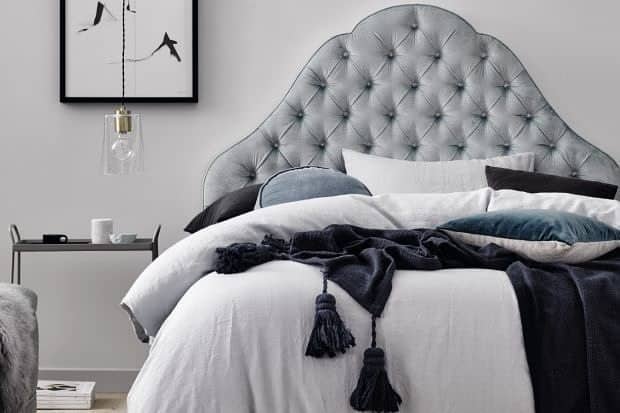 1. Elegant Tufted Charm in Grey and Navy - grey and blue bedroom ideas