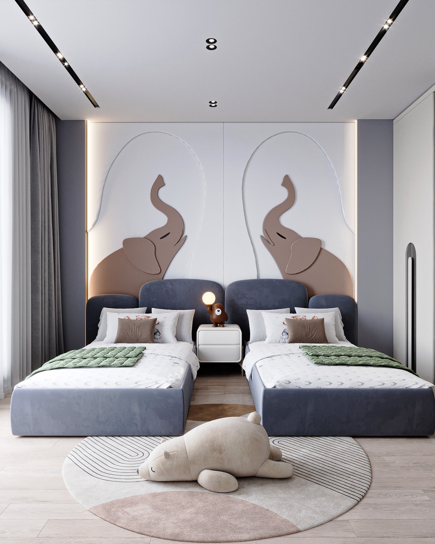 3. Playful Twin Retreat in Grey and Sage - grey and blue bedroom ideas