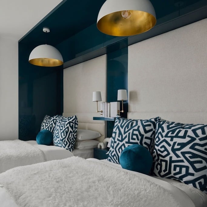 4. Contemporary Contrast in Blue and White - grey and blue bedroom ideas